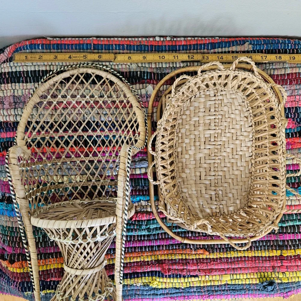 Mixed 4pc Wicker Rattan Lot Bundle Doll Chair Hot Pad Basket Tray Boho Farmhouse